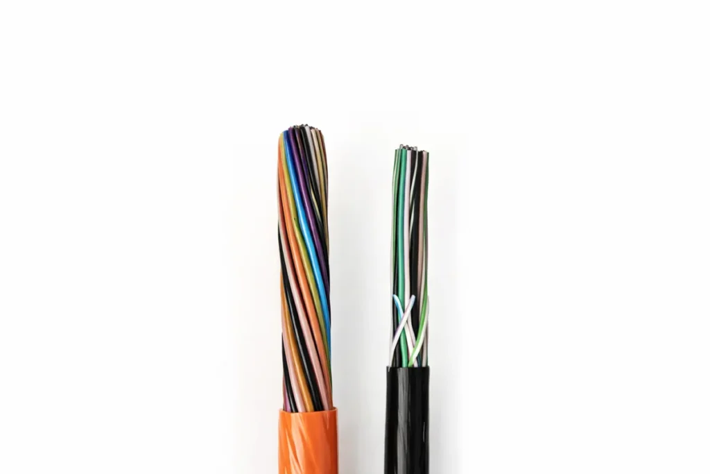 Thin air-blown micro fiber cable compared to conventional fiber cable, highlighting reduced diameter and lightweight structure