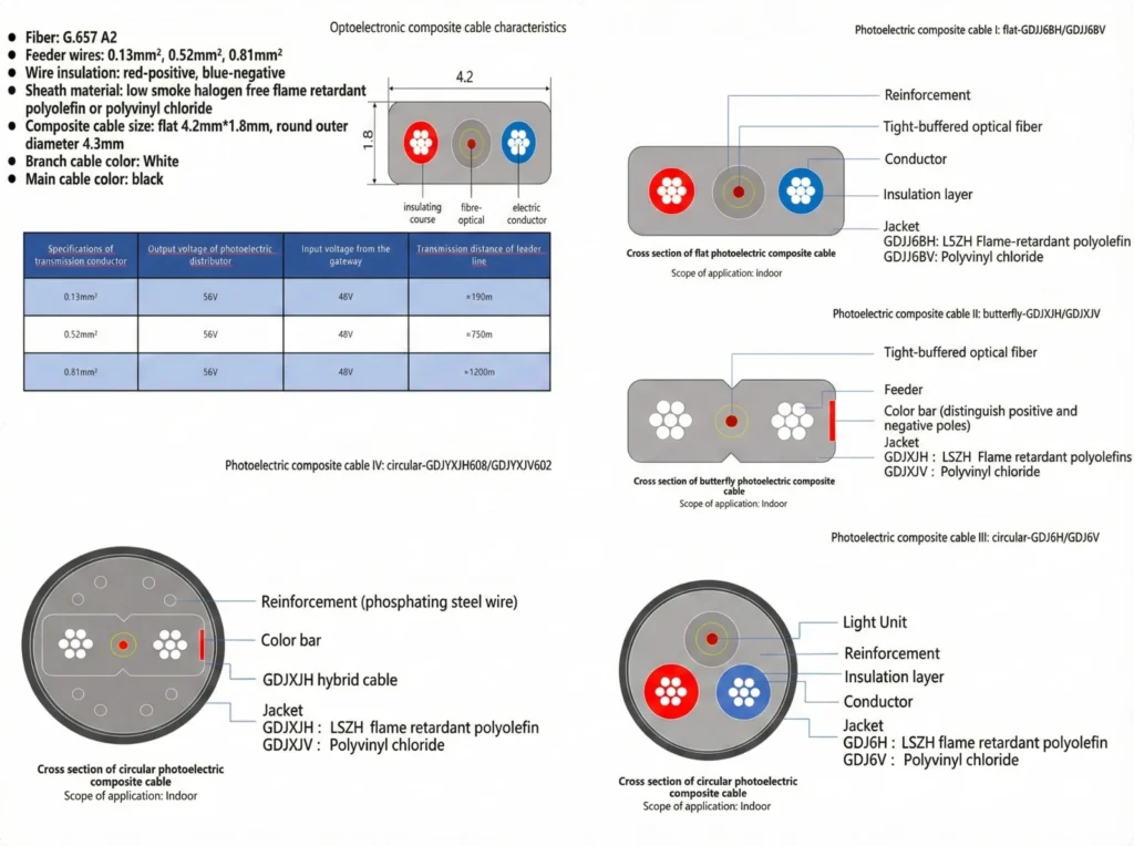 Cross section diagram of photoelectric composite fiber cable showing optical fiber, power conductors, insulation, reinforcement and LSZH/PVC jacket for indoor FTTH applications