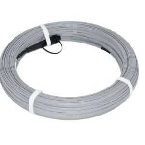 Grey pre-connectorized Figure-8 FTTH drop cable coil with hardened SC/APC (bullet) connector