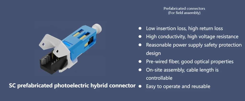 SC field-assembly photoelectric hybrid connector with low insertion loss, pre-wired fiber, controllable cable length and reusable design for FTTH installations
