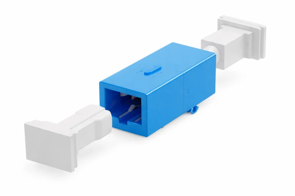 SC photoelectric hybrid adapter with blue housing and white dust caps, designed for photoelectric composite cable connections in FTTH and optical power supply systems