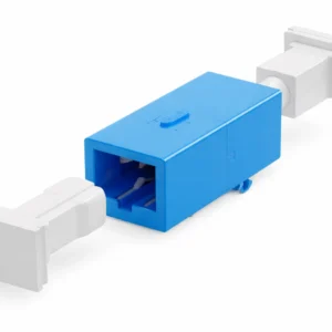 SC photoelectric hybrid adapter with blue housing and white dust caps, designed for photoelectric composite cable connections in FTTH and optical power supply systems