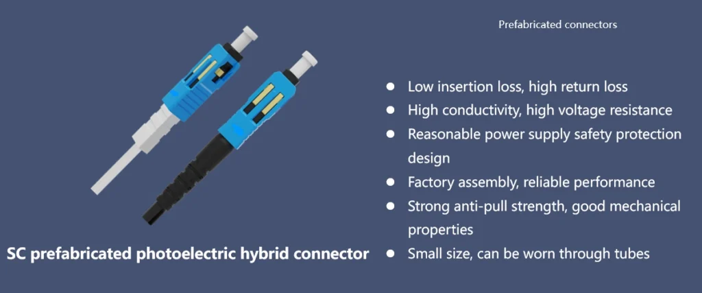 SC prefabricated photoelectric hybrid connector with low insertion loss, high return loss, strong anti-pull strength and factory-assembled reliable performance