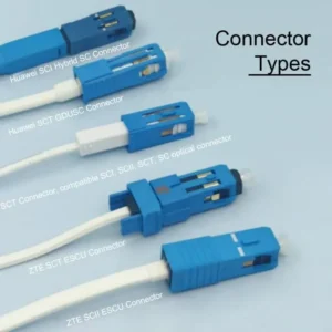 Blue SCT optical connector variants showing Huawei SCI hybrid SC, Huawei SCT GDUSC, ZTE SCT ESCU and compatible SC types