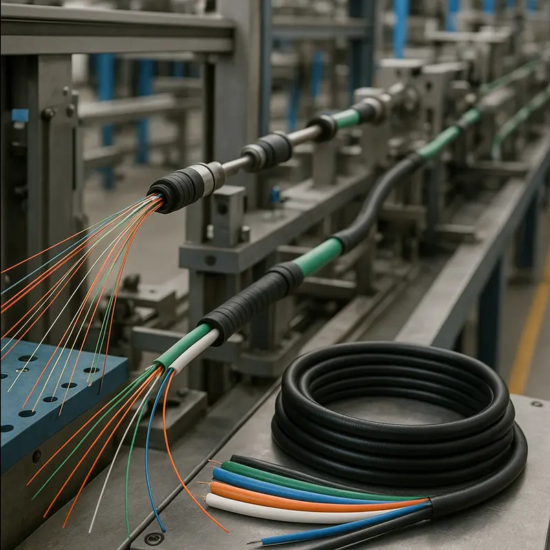 FTTH drop cable production machinery showcasing detailed manufacturing processes.