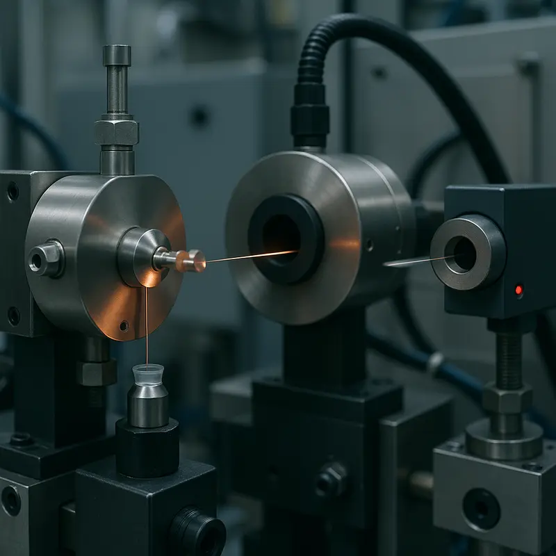 A detailed view of a tight buffered fiber extrusion line in operation.