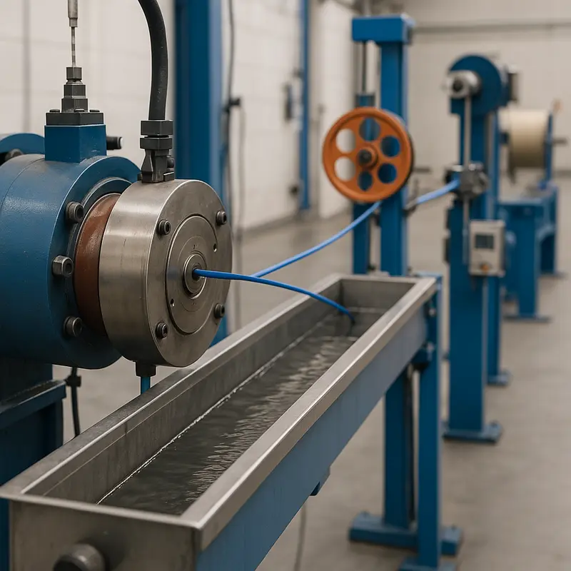A modern production floor showcasing an optical cable sheath extrusion line setup.