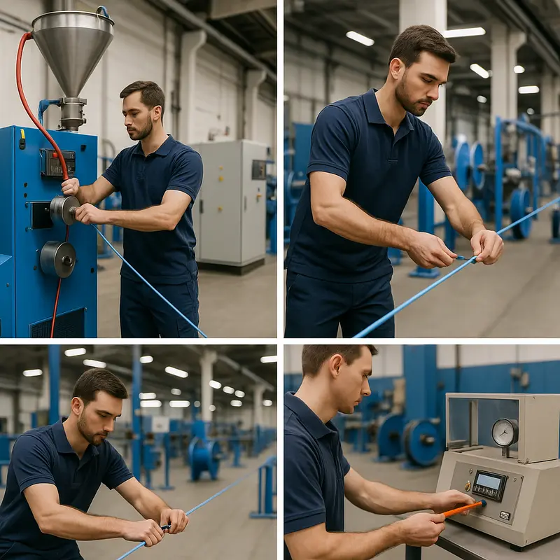 A modern production floor showcasing an optical cable sheath extrusion line setup.