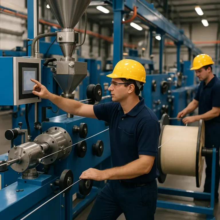 Manufacturing plant with automated systems for controlling fiber optic cable extrusion precision.