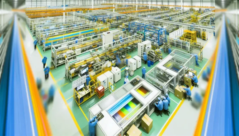 A panoramic shot of an advanced fiber cable factory in an emerging market illustrating cost-efficient processes.