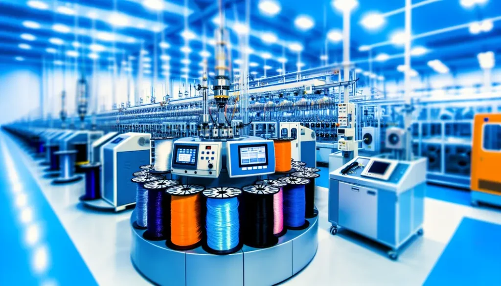 A wide view of fiber cable manufacturing floor with spools and machinery.