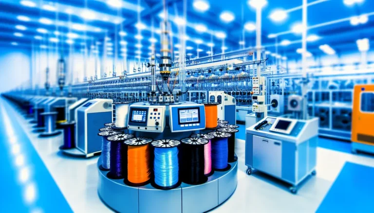 A wide view of fiber cable manufacturing floor with spools and machinery.