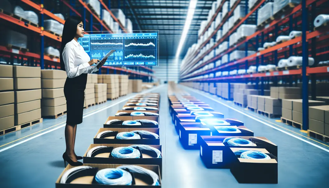 A fiber cable expert reviewing production metrics in a factory setting.
