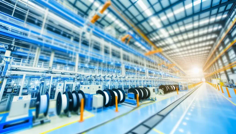 An industrial fiber cable factory with advanced machinery and integrated eco-friendly designs.