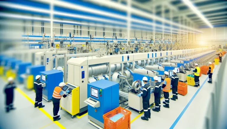 State-of-the-art fiber optic cable production line with advanced machinery and workers in a factory.