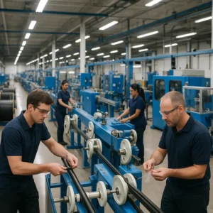 A state-of-the-art fiber optic cable manufacturing facility showcasing precision equipment and collaborative technicians.