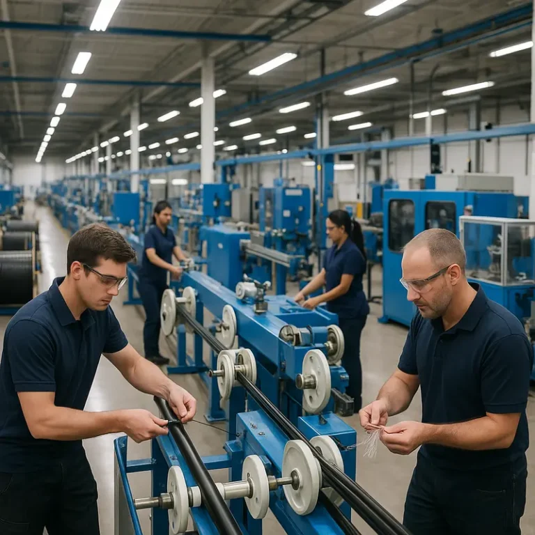 A state-of-the-art fiber optic cable manufacturing facility showcasing precision equipment and collaborative technicians.