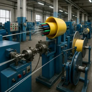 Illustrated factory floor showing equipment for producing FTTH drop cables, tight buffered cables, and breakout cables.