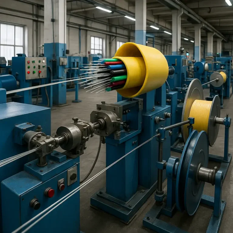 Illustrated factory floor showing equipment for producing FTTH drop cables, tight buffered cables, and breakout cables.