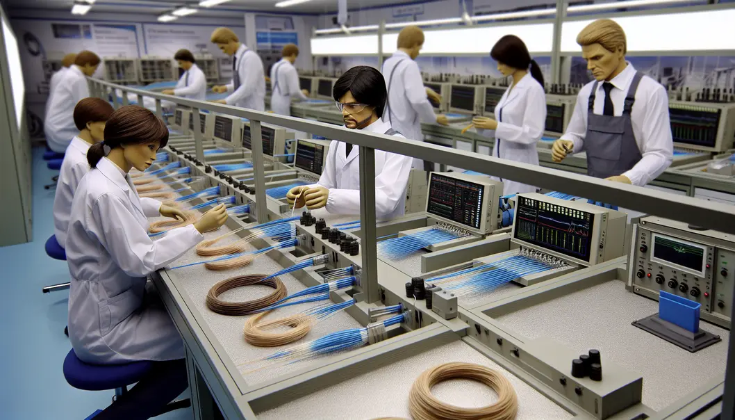 A fiber cable expert reviewing production metrics in a factory setting.