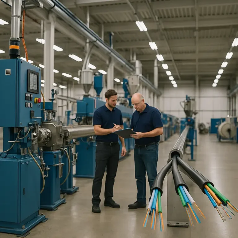 Fiber cable extrusion factory highlighting machinery and operational team efforts.