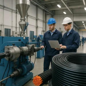 A high-tech fiber optic manufacturing facility with extruders and neatly produced cables ready for implementation.