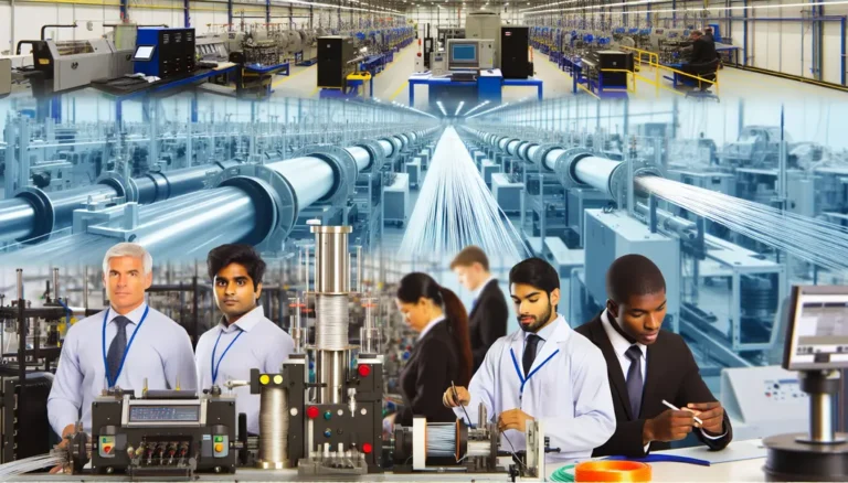 A visual representation of key elements in a fiber optic cable factory, including machinery and engineers in action.
