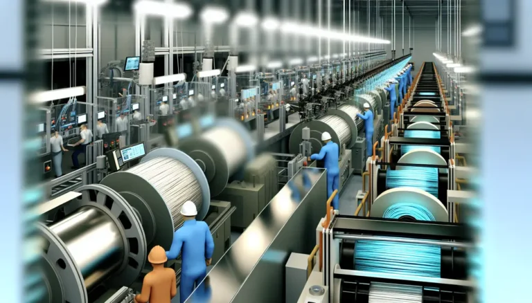 Fiber optic factory production line with machinery and workers manufacturing cables in a high-tech environment.
