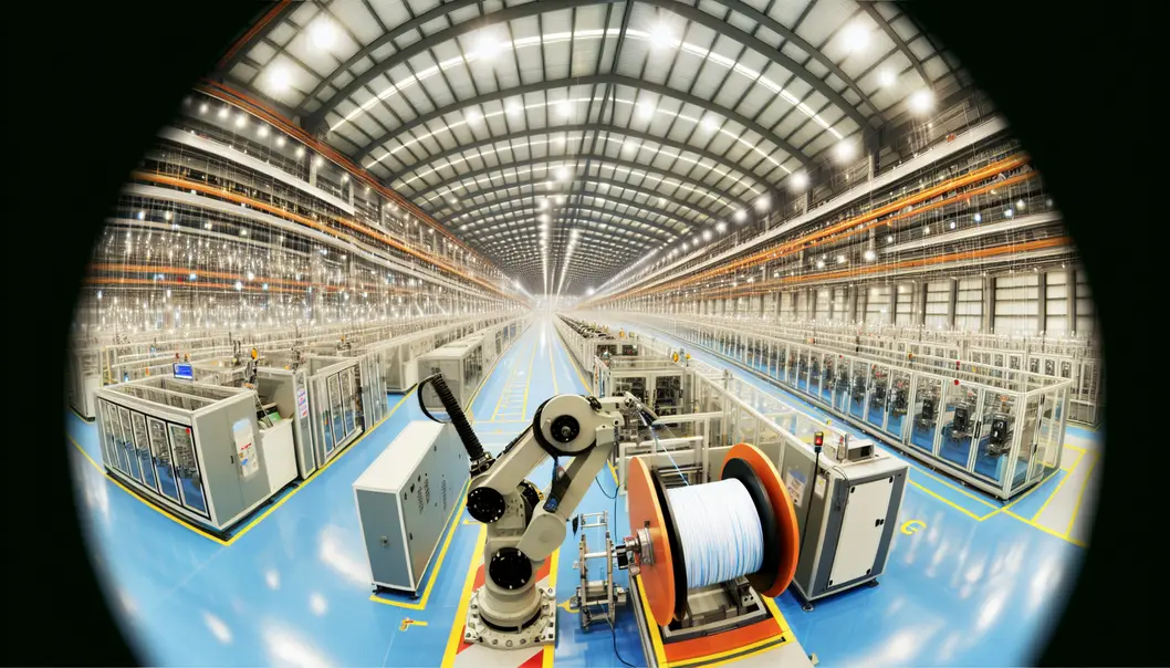 An overview of essential infrastructure in a scalable fiber optic cable facility.