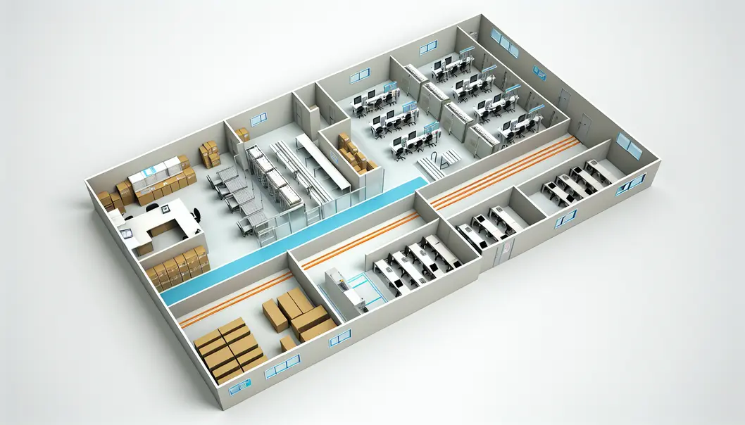 A detailed floor plan of a fiber optic cable manufacturing workshop showing clearly designated areas for various operations.