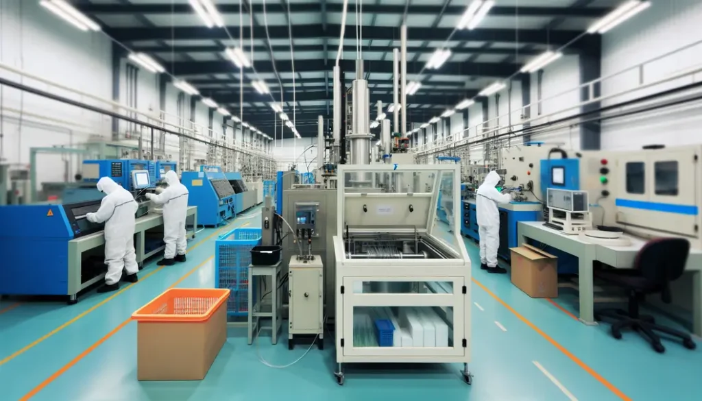 A modern fiber optic cable manufacturing workshop with machines in operation, workers in safety gear, and an efficient layout.