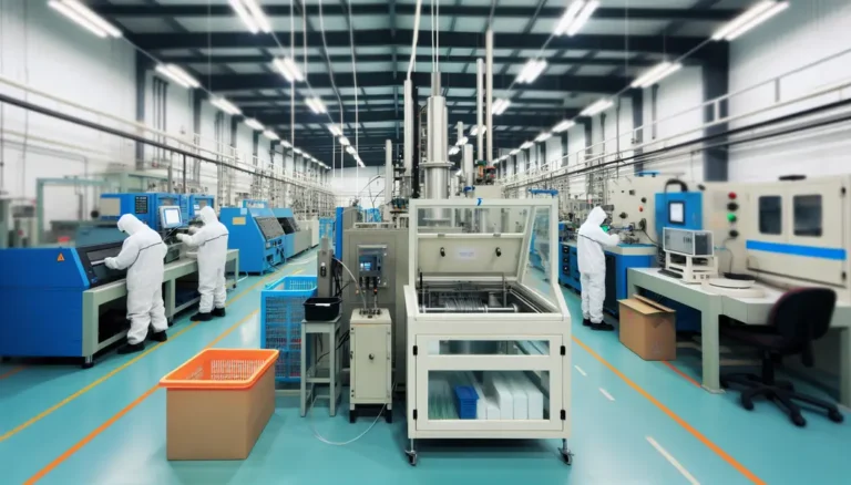 A modern fiber optic cable manufacturing workshop with machines in operation, workers in safety gear, and an efficient layout.