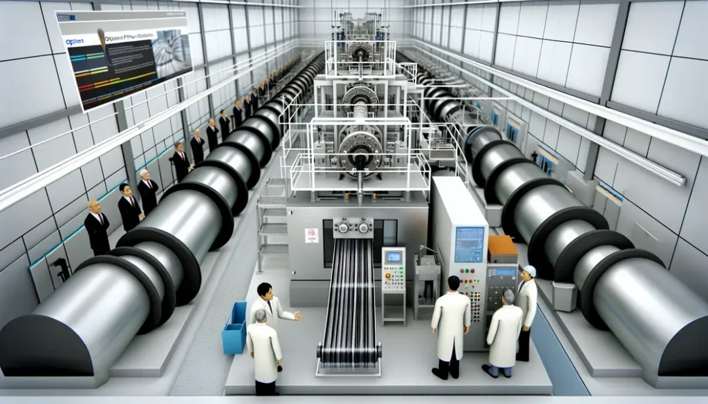 Modern FTTH drop cable extrusion line setup showing machinery, spooling units, and cable production in progress.