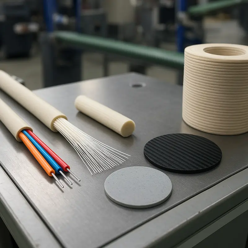 Technicians examining optical fiber cores during FTTH drop cable production.