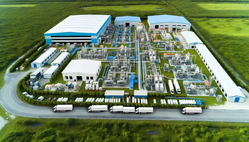 A sprawling FTTH cable manufacturing plant viewed from above, featuring assembly spaces, vehicles, and infrastructure.