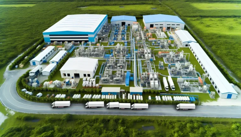 A sprawling FTTH cable manufacturing plant viewed from above, featuring assembly spaces, vehicles, and infrastructure.