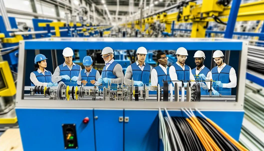 A modern FTTH cable manufacturing plant showcasing assembly lines and machinery.