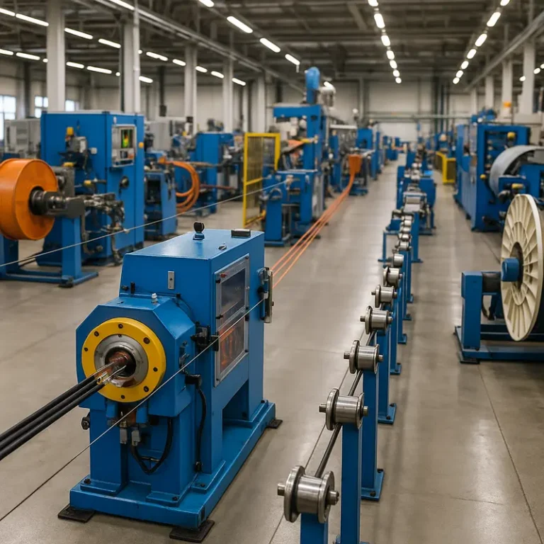 A modern FTTH drop cable production setup with efficient machinery and technicians overseeing operations.