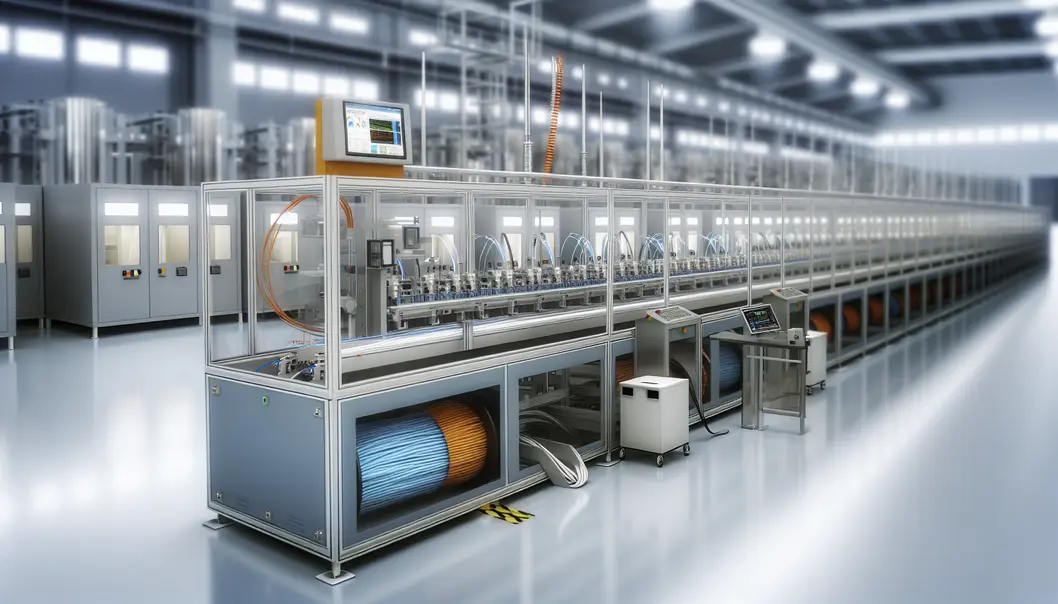 A state-of-the-art indoor cable production facility showcasing organized manufacturing processes.