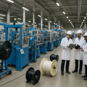 A modern fiber optic cable factory with advanced equipment and collaborative engineers.