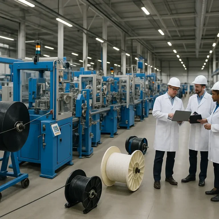 A modern fiber optic cable factory with advanced equipment and collaborative engineers.