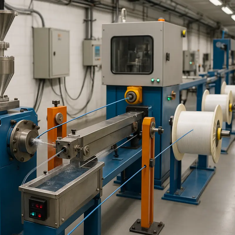 A complete FTTH drop cable production line showcasing extrusion and buffering machines.