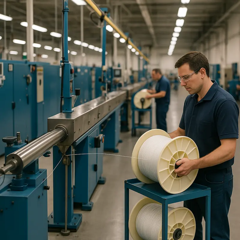 FTTH drop cable production machinery showcasing detailed manufacturing processes.