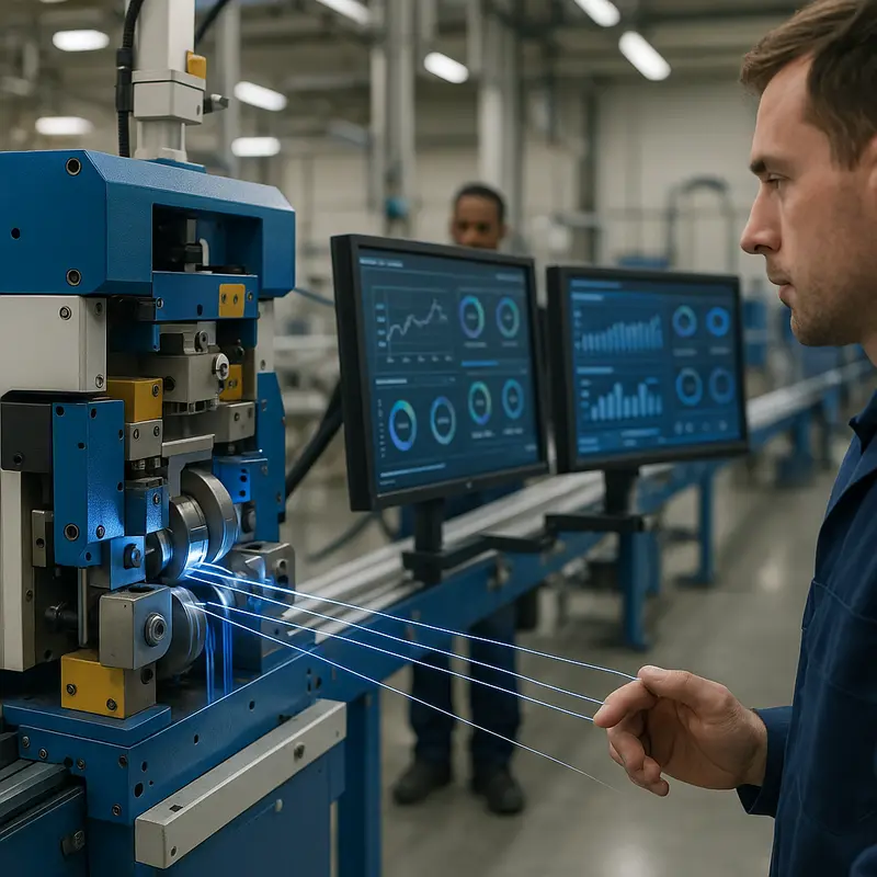Technicians examining optical fiber cores during FTTH drop cable production.