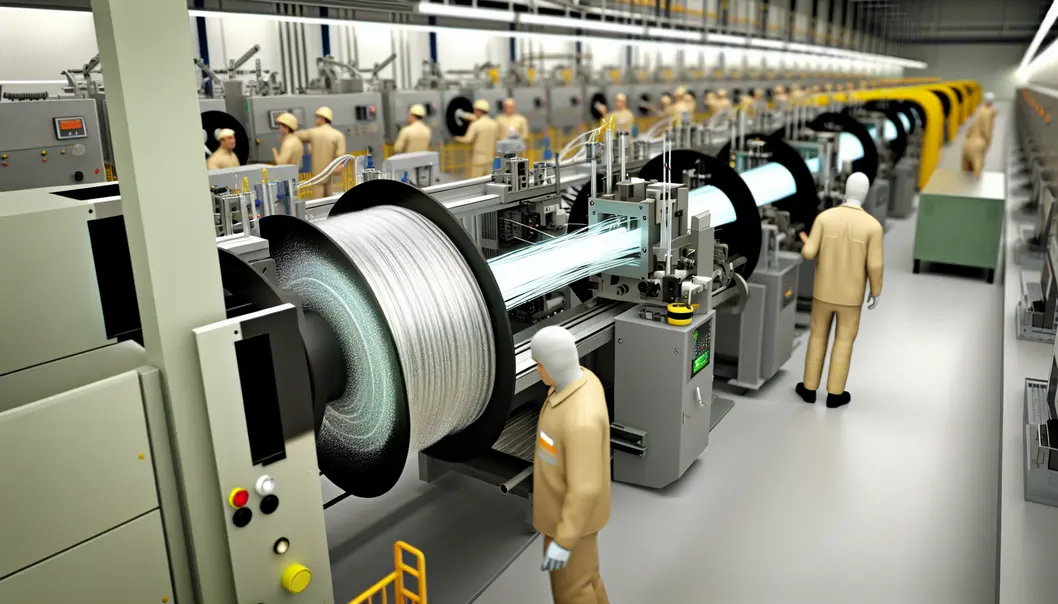 A comprehensive view of an FTTH drop cable extrusion line in operation.