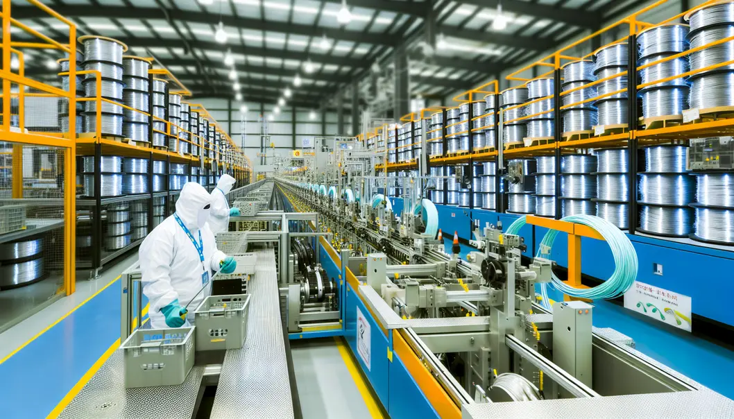 A state-of-the-art indoor cable production facility showcasing organized manufacturing processes.