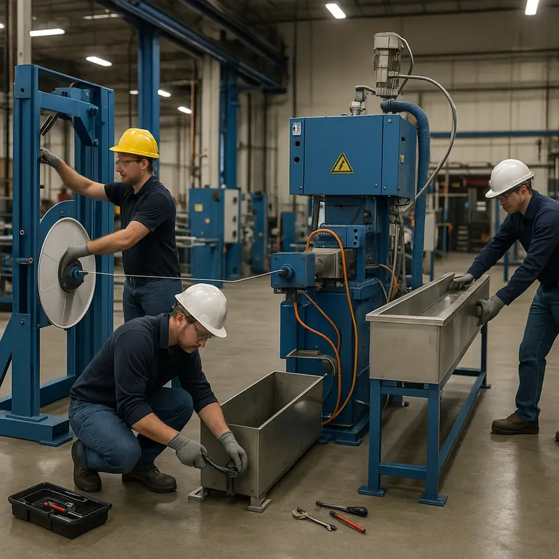 Technicians setting up a fiber cable sheath extrusion line in an industrial facility.