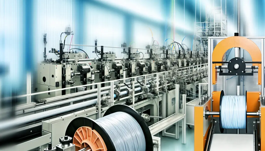 A schematic view of a fiber optic cable production line, highlighting key machinery and flow.
