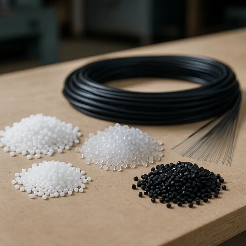 Machinery calibrating the outer diameter of a fiber optic cable with precision tools.