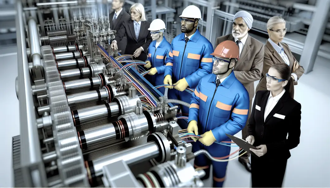 A schematic view of a fiber optic cable production line, highlighting key machinery and flow.